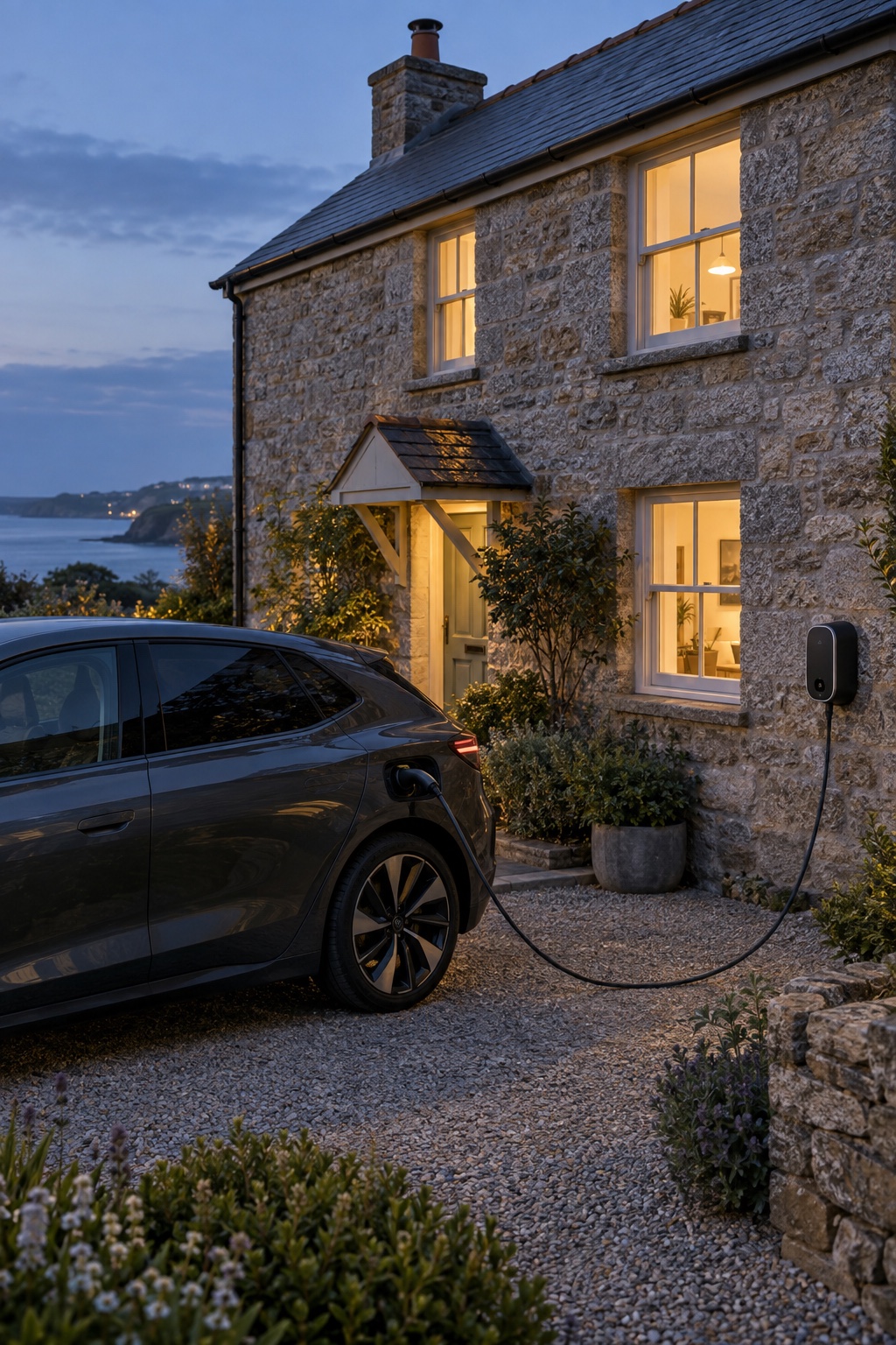 Illustrative electric car charging outside a granite Cornish cottage at dusk